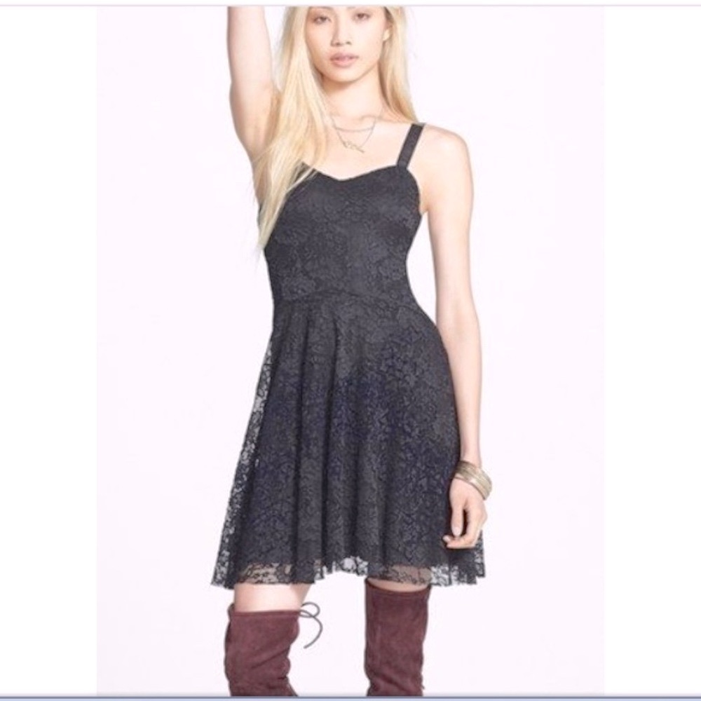 NEW Free People Black Lace Dress with Flocked Navy Blue Velvet Size XS